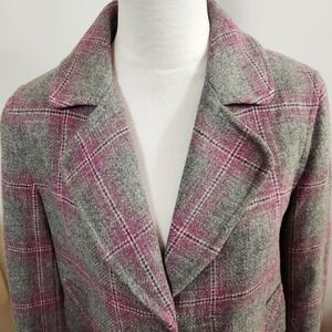 Talbots Women Size 6 Blazer Gray Pink Plaid Wool Blend Tweed Jacket